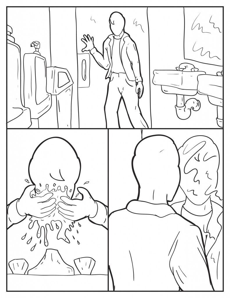 Milo enters the empty restroom. He goes to the sink and splashes some water on his face. Milo leans forward and stares at a blurry reflection of himself in the mirror.