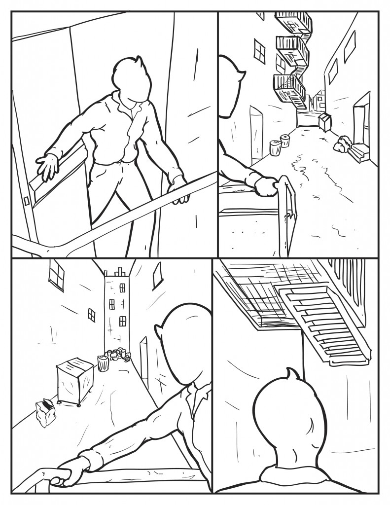 Milo leaves out the back door. He looks one way down the alley, there is a fire escape. He looks the other way down the alley. He pauses under the fire escape looking up.