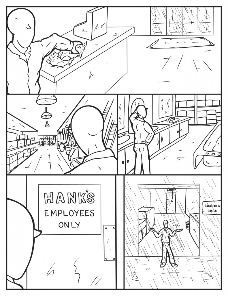 Milo puts the two bags of chips down nea the cash register as it continues to rain outside. He starts to look through aisles and areas for his guest. Even back through the no empyees door to the loading dock, but he is no where to be found.