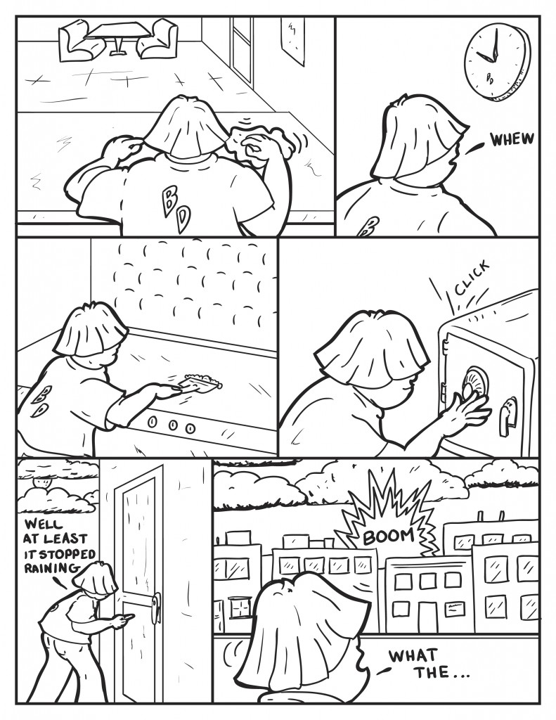 Louis wipes down his counter in an empty diner. He looks up over to the clock on the wall, seeing how late it is, "Whew." he scrapes off his grille. Cloeses up the safe for the business. He goes outside to close up for the night. Water drips down the door, "Well at least it stopped raining." There is a loud boom and explosion passed some of the buildings, "What the...."