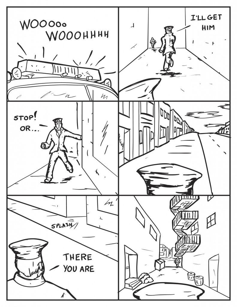 Sirens can be heard as the lights from the approaching fire truck flash. An additional officer is on the scene and starts to pursue the hooded figure, "I'll get him." He turns the corner out of the alley, "Stop! or..." He looks down a vacant street. A splash can be heard from the alley across the street, "There you are." He continues to pursue but the hooded figure has already made it to the next street.