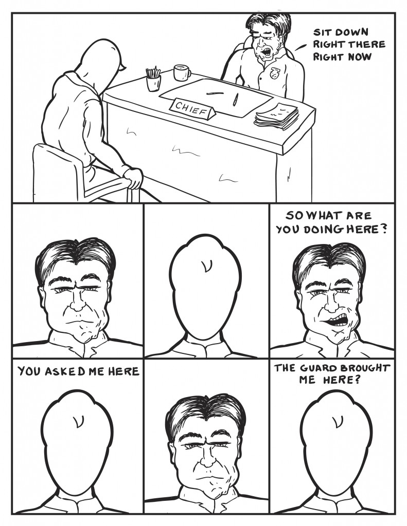 Milo enter to the chief sitting, "Sit down, right there, right now." The Chief stares at Milo. Milo stares back. The Chief, "What are you doing here?" Milo, "You asked me here." The Chief stares again. "The guard brought me?" Milo queries.