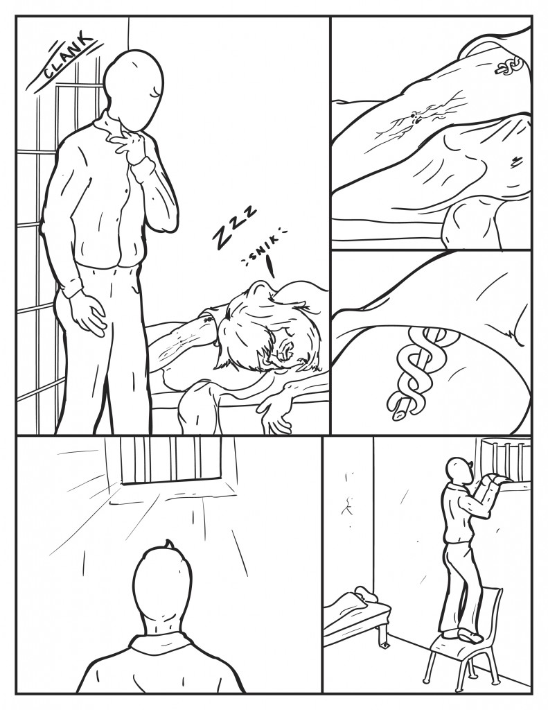 milo is returned to the cell he was originally in with a clank of the door behind him. He sees the bum and the drug streaks on his arm and a tattoo of possibly sme snake around a pole. He sees the light of barred window and climbs on a chair to peer outside.