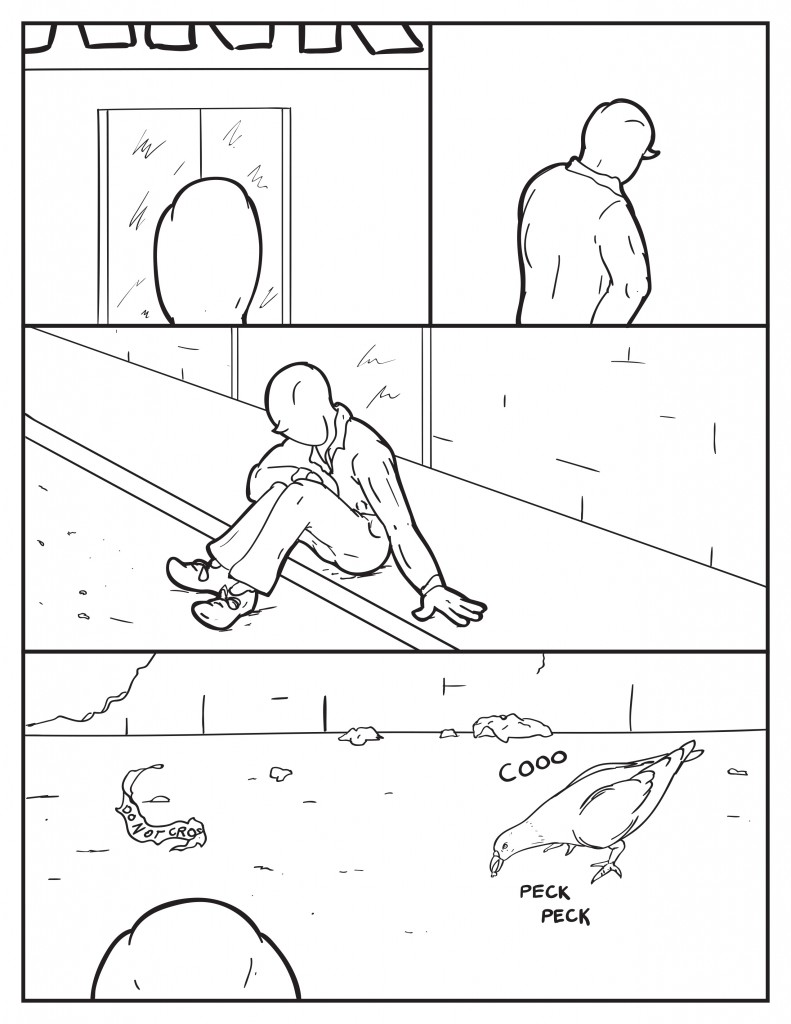 Milo standsin front of Hanks front door. He slumps over. He then turns around and sits on the curb. A pigeon coos and pecks at the ground near him inbetween the rubble of the building next door to Hanks.