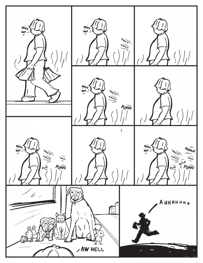 Louis can be seen walking down the sidewalk whistling carrying bags as the heat and smell permeates the edges of teh bags. As he whistles he hears a "sniff sniff" from behind him. He stops. The sound stops as well. He continues walking and whistling. He hears the same sound plus a purring sound. He stops again and so does the sound. He begins to walk again and whistling. The sound begins again with additional purring and sniffs. He stops. The other sounds stops. He starts walking and whistling again. This time there are all the sounds as just previously but now there is a quack. He turns about to see a few dogs, a cat, a gerbil and two ducks. Louis, "Aw hell." Louis takes off running, "Ahhhhhh."