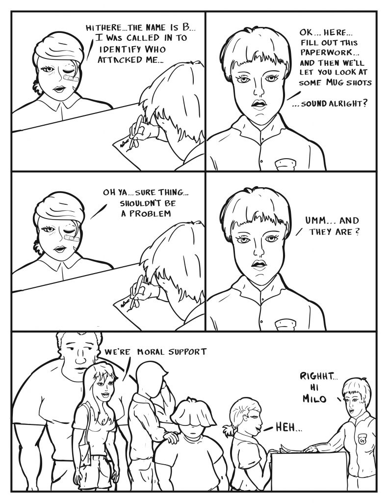 B walks up to the desk, "Hi there... my name is B... I was called in to identify who attacked me..." Officer Diane, "Ok... here... fill out his paperwork... and then we'll let you look at somemug shots... sound alright?" B, "Oh ya... sure thing... shouldn't be a problem." The Officer looks over B's shoulder, "Umm... and they are?" The rest of the crew behind her Ada speaks up, "We're moral support." Blaughs a little. The Officer sees Milo, "Righht... hi Milo."